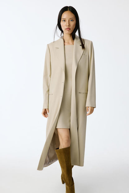 Yün Dokulu Kare Yaka Mini Bej Elbise