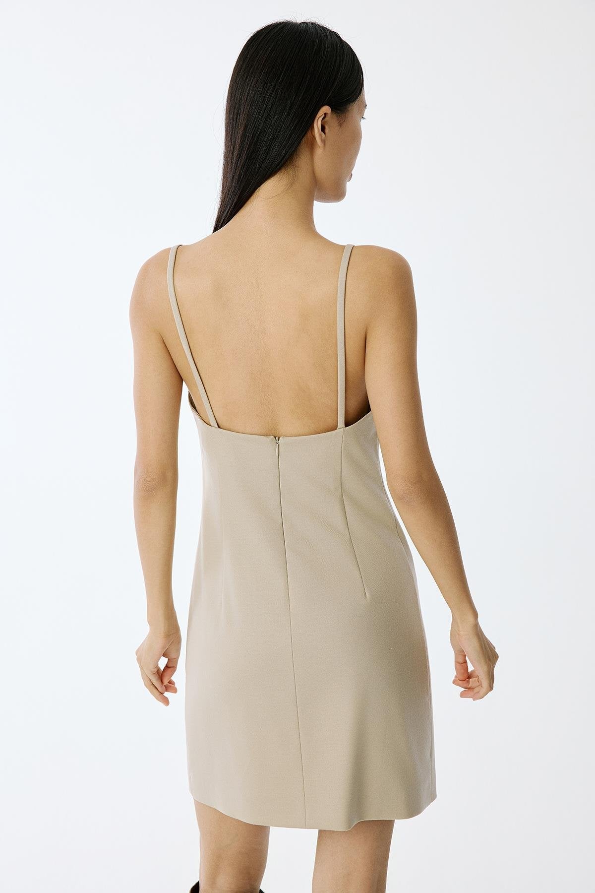 Yün Dokulu Kare Yaka Mini Bej Elbise