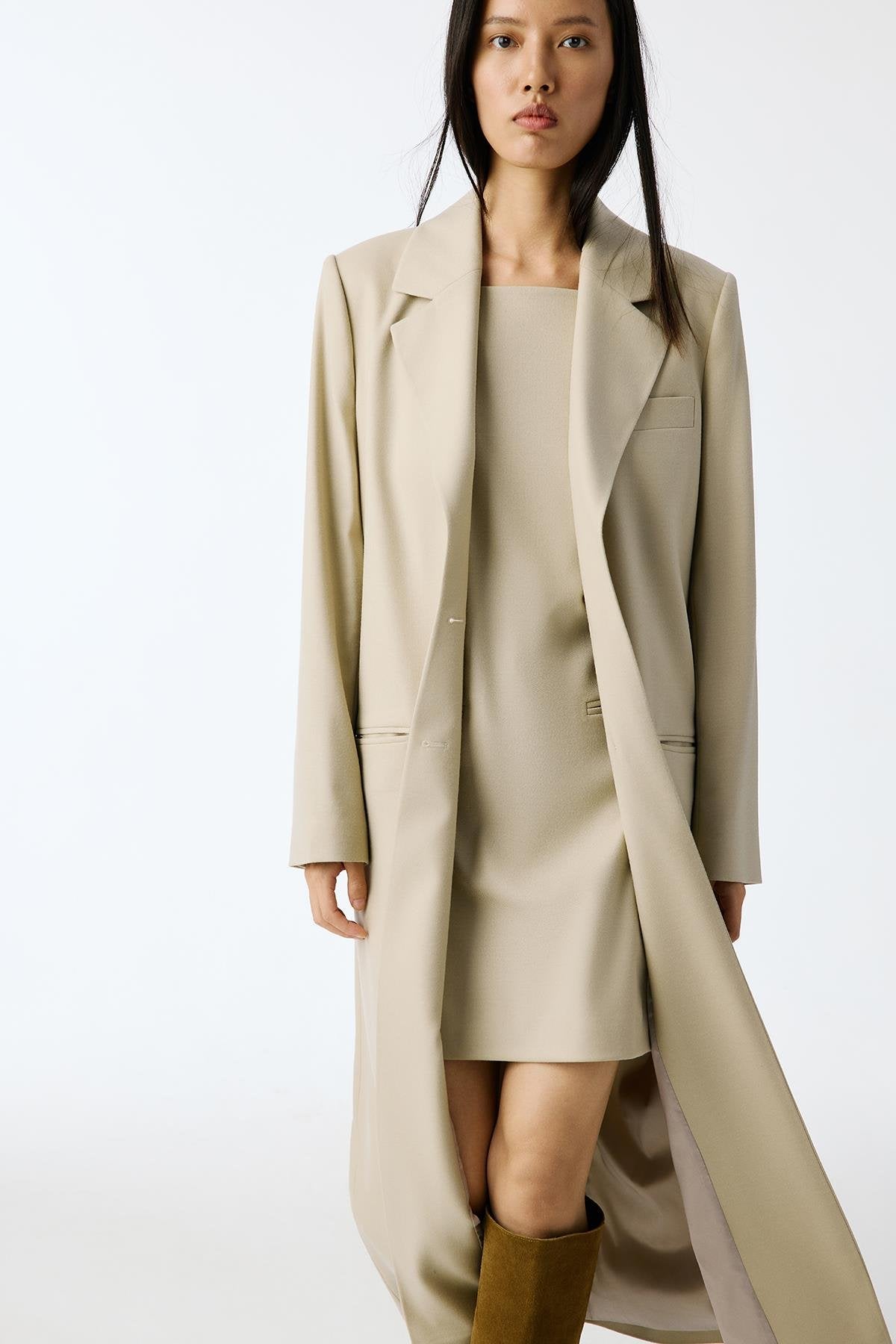 Yün Dokulu Kare Yaka Mini Bej Elbise