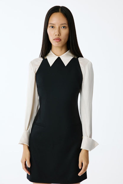 Yün Dokulu Kare Yaka Mini Siyah Elbise