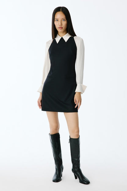 Yün Dokulu Kare Yaka Mini Siyah Elbise