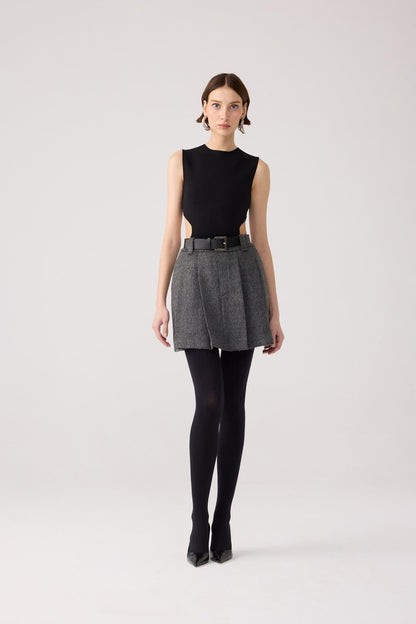 Yün Dokulu Pileli Antrasit Mini Etek