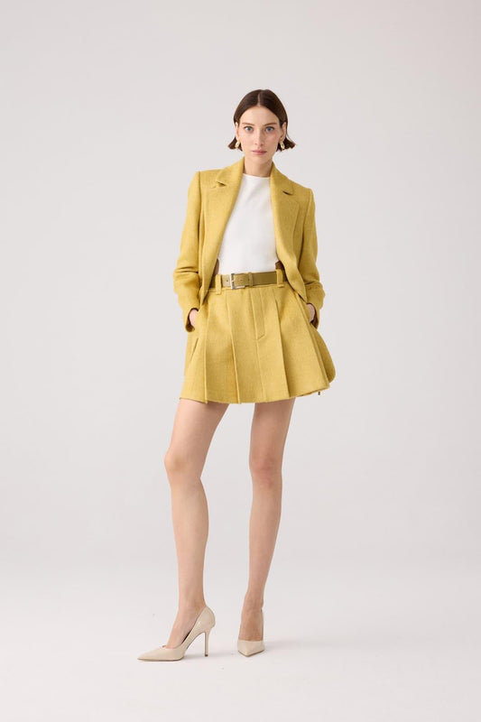 Yün Dokulu Pileli Haki Mini Etek