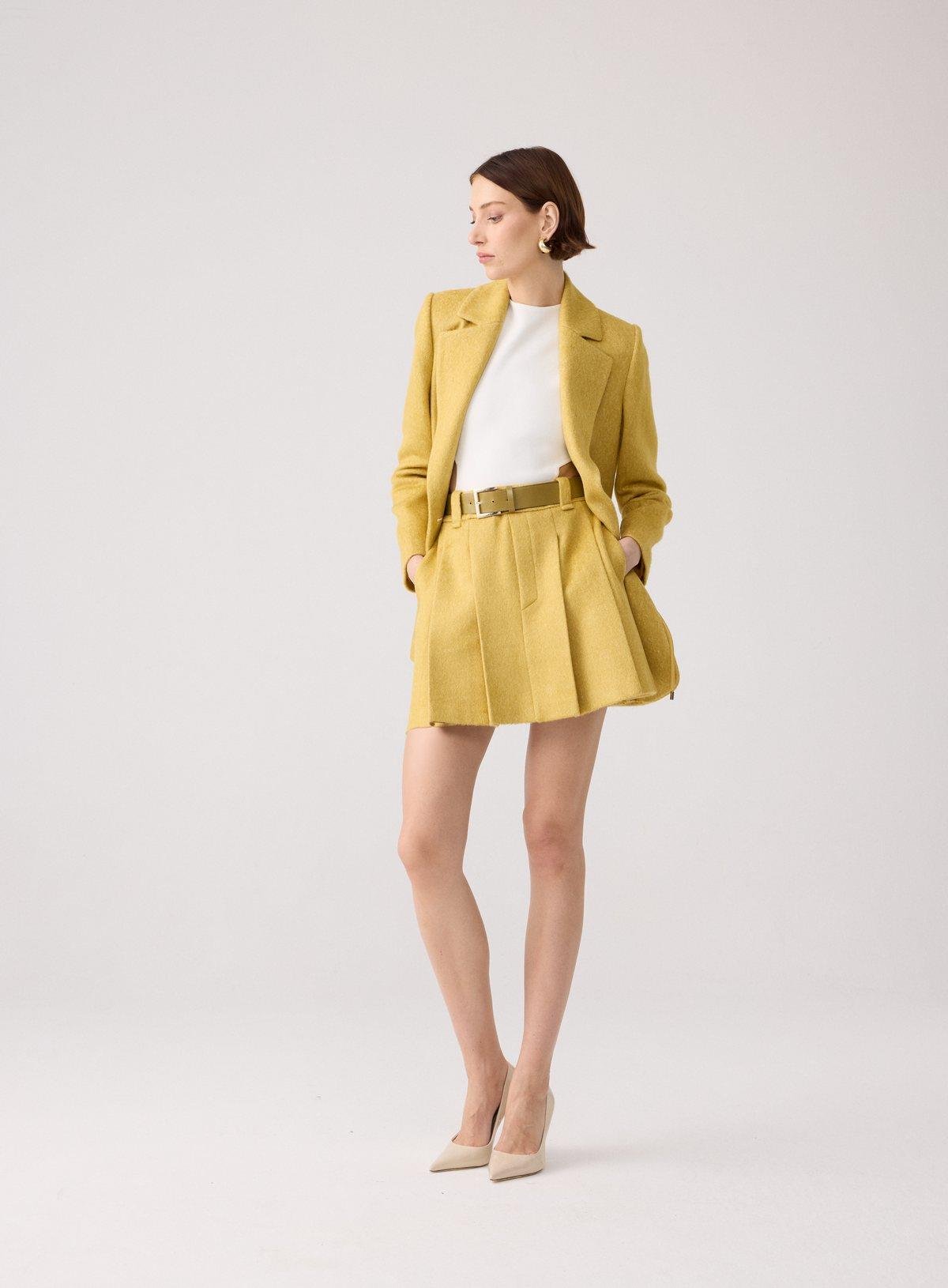 Yün Dokulu Pileli Haki Mini Etek