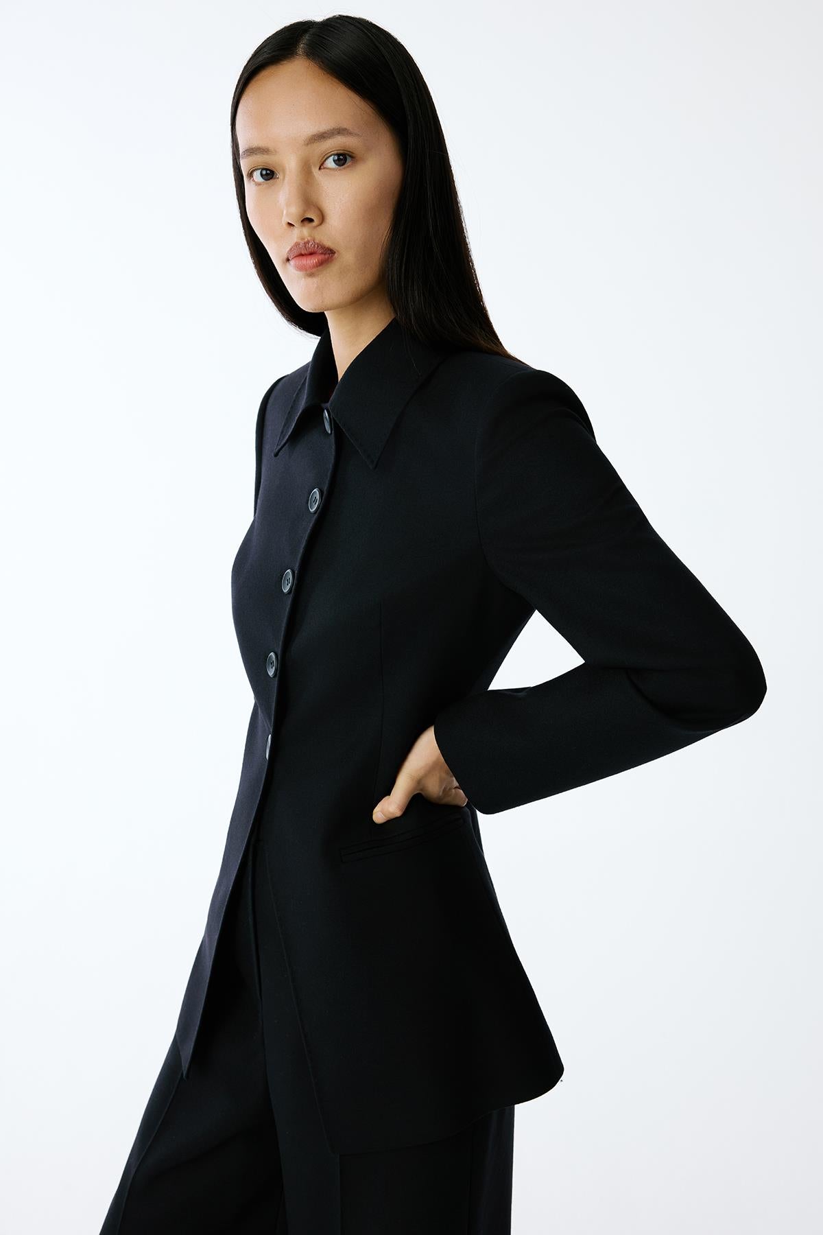 Yün Dokulu Siyah Uzun Ceket