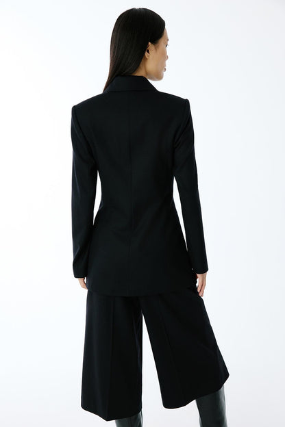 Yün Dokulu Siyah Uzun Ceket
