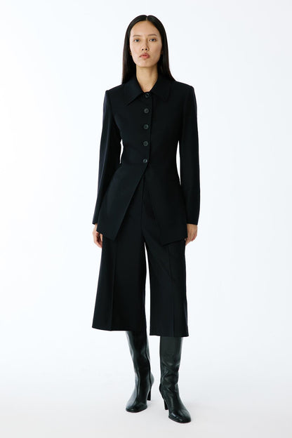 Yün Dokulu Siyah Uzun Ceket