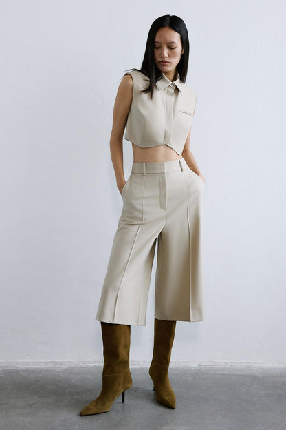 Yün Dokulu Vatkalı Bej Crop Yelek