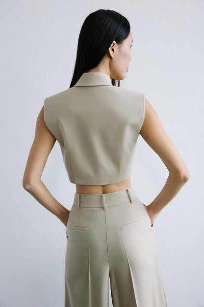 Yün Dokulu Vatkalı Bej Crop Yelek