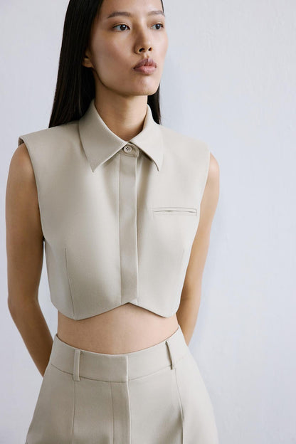 Yün Dokulu Vatkalı Bej Crop Yelek