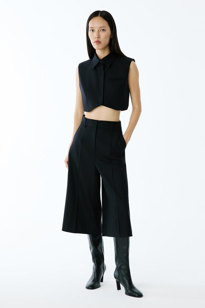 Yün Dokulu Vatkalı Siyah Crop Yelek