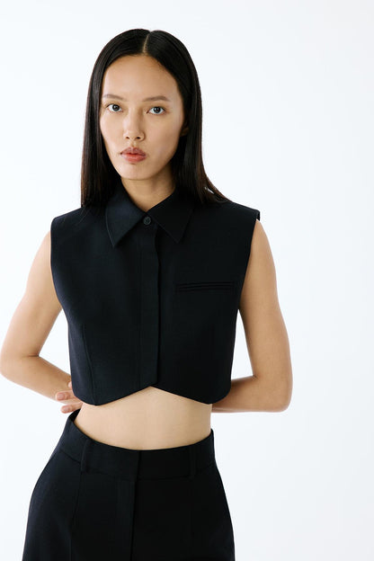 Yün Dokulu Vatkalı Siyah Crop Yelek