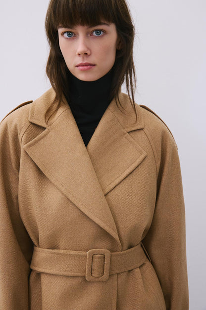 Yün Karışımlı Kemerli Camel Kaban