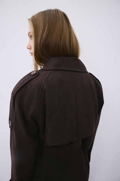 Yün Karışımlı Kemerli Kahve Kaban